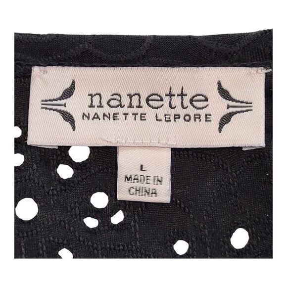 Nanette Lepore Large Black Short Sleeve Top Eyelet Floral Embroidery Peplum - Picture 2 of 14